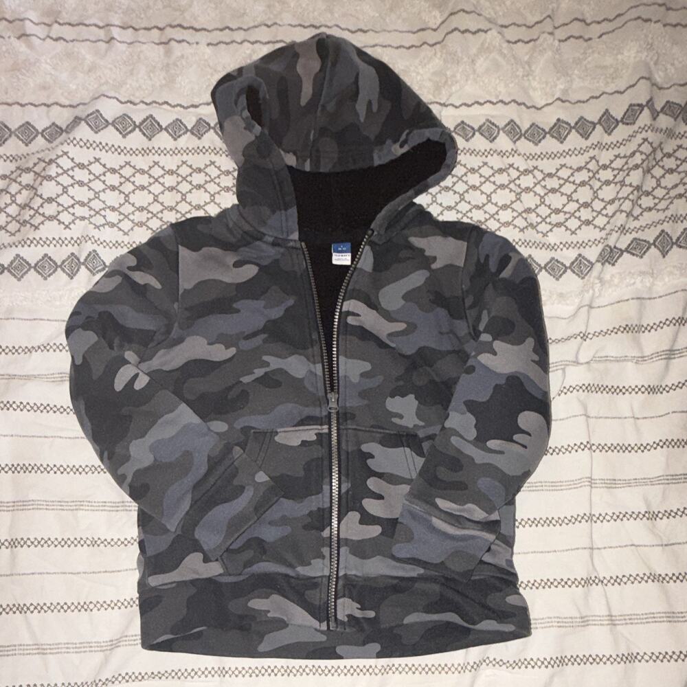 Old Navy Boys Gray/Black Camo Fleece Full Zip Hooded Hoodie Pockets Size S
